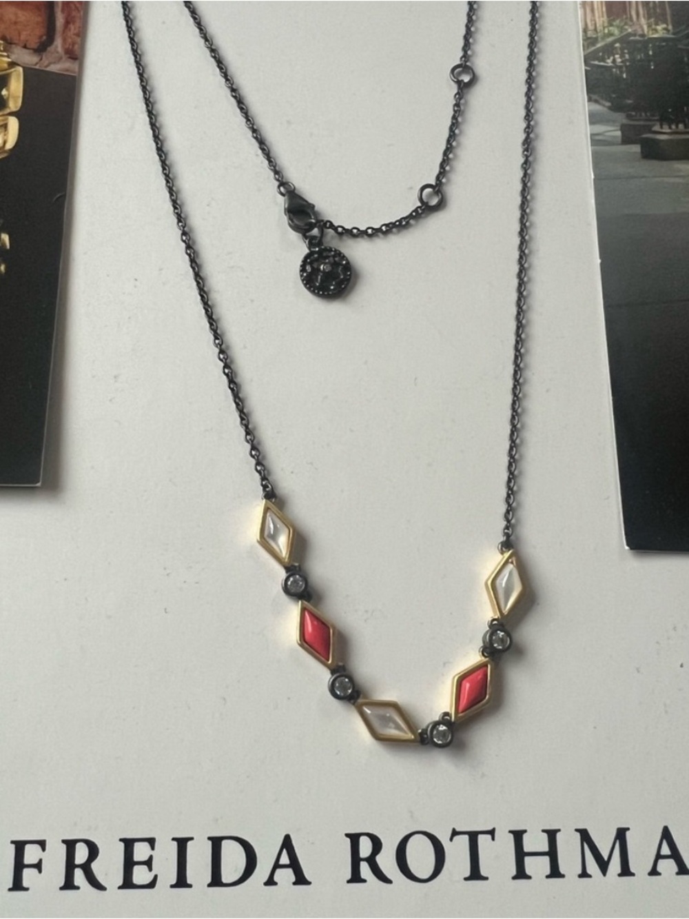 Freida Rothman Black Chain Necklace with Red and Cream Geometric Accents